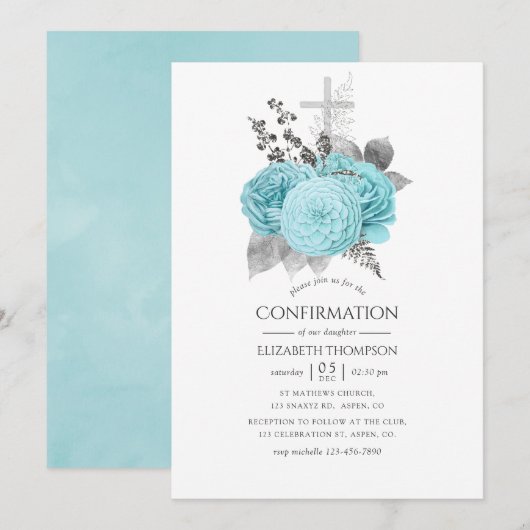 Aqua en Silver Shabby Rozen Bevestiging Kaart (Voorkant / Achterkant)