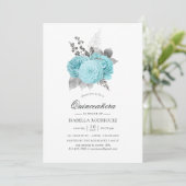 Aqua en Silver  Shabby Rozen Quinceañera Kaart (Staand voorkant)