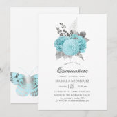 Aqua en Silver  Shabby Rozen Quinceañera Kaart (Voorkant / Achterkant)