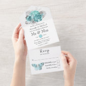 Aqua en Silver  Shabby Rozen Wedding All In One Uitnodiging (Afscheurbaar)