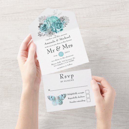 Aqua en Silver  Shabby Rozen Wedding All In One Uitnodiging (Afscheurbaar)