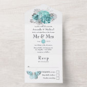 Aqua en Silver  Shabby Rozen Wedding All In One Uitnodiging (Binnen)