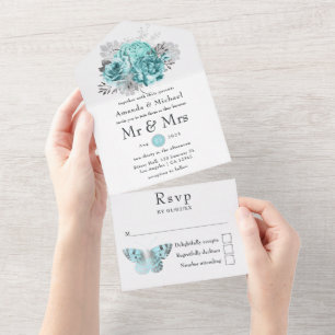 Aqua en Silver  Shabby Rozen Wedding All In One Uitnodiging