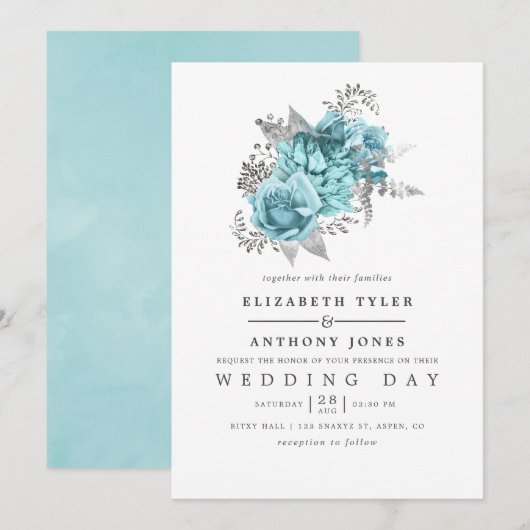 Aqua en Silver  Shabby Rozen Wedding Kaart (Voorkant / Achterkant)