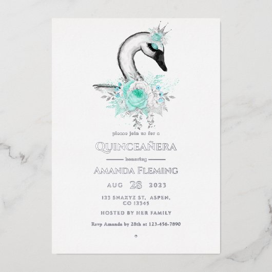 Aqua en Silver Swan Quinceañera Folie Folie Uitnodiging (Voorkant)