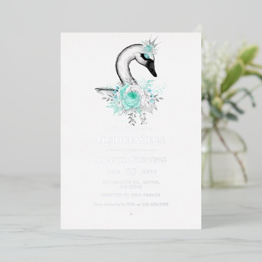 Aqua en Silver Swan Quinceañera Folie Folie Uitnodiging (Staand Voorkant)