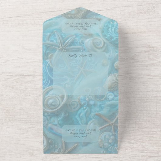 Aqua en Tan Zeeschelpen & Zeesterren All In One Uitnodiging (Buitenkant)