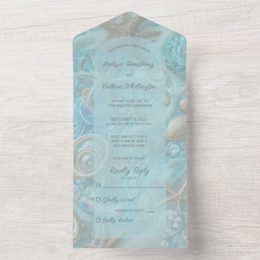 Aqua en Tan Zeeschelpen & Zeesterren All In One Uitnodiging (Binnen)