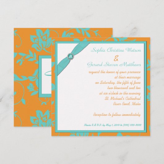 Aqua en Tangerine Square Monogrammed Invitation Kaart (Voorkant / Achterkant)