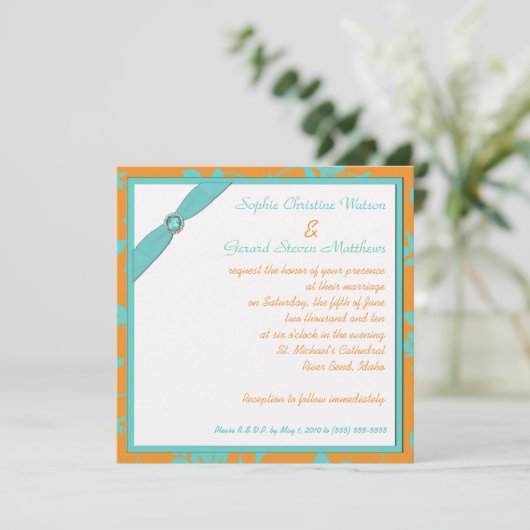 Aqua en Tangerine Square Monogrammed Invitation Kaart (Staand voorkant)