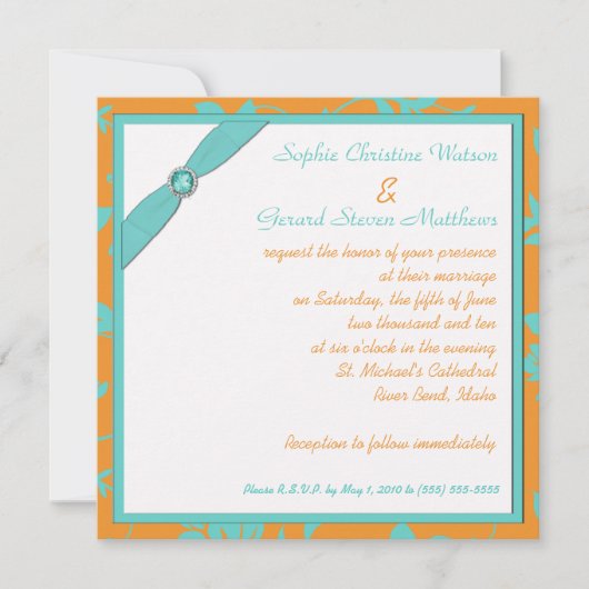 Aqua en Tangerine Square Monogrammed Invitation Kaart (Voorkant)