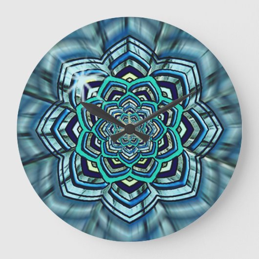 Aqua en Turquoise Lotus Mandala Wall Clock Grote Klok (Voorkant)