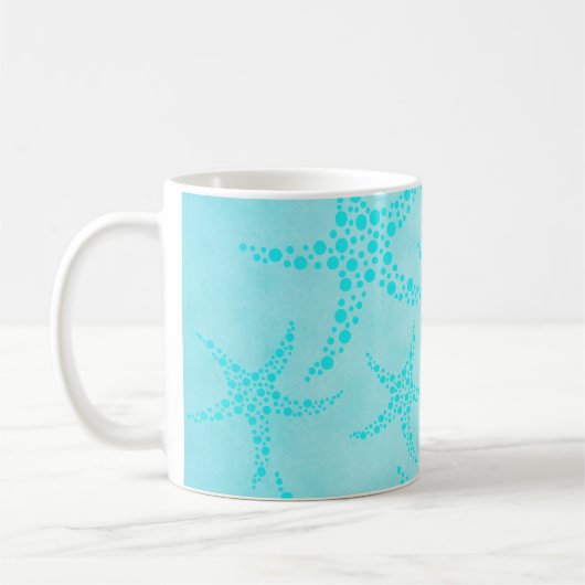 Aqua en Turquoise Starfish Design. Koffiemok (Links)