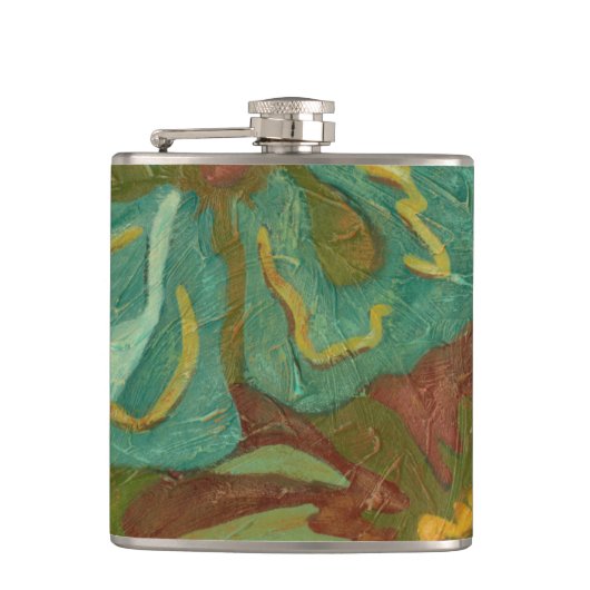 Aqua en verbrand Oranje bloemen op groene achtergr Heupfles (Voorkant)