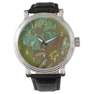 Aqua en verbrand Oranje bloemen op groene achtergr Horloge