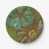 Aqua en verbrand Oranje bloemen op groene achtergr Papieren Bordje (Voorkant)