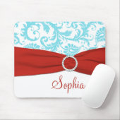Aqua en White Damask, Faux Red Ribbon Mousepad Muismat (Met muis)