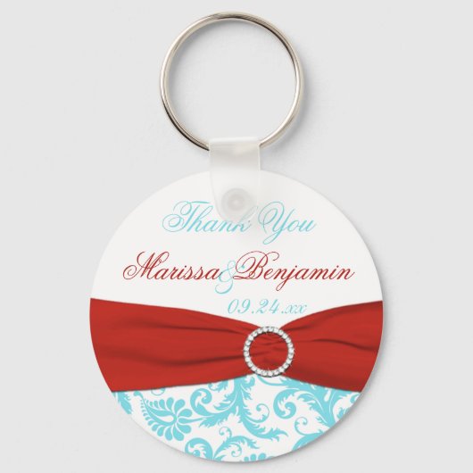 Aqua en White Damask met Red PRINTED Ribbon Sleutelhanger (Voorkant)