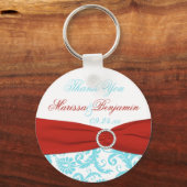 Aqua en White Damask met Red PRINTED Ribbon Sleutelhanger (Voorkant)