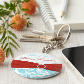 Aqua en White Damask met Red PRINTED Ribbon Sleutelhanger (Zijkant)