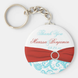 Aqua en White Damask met Red PRINTED Ribbon Sleutelhanger