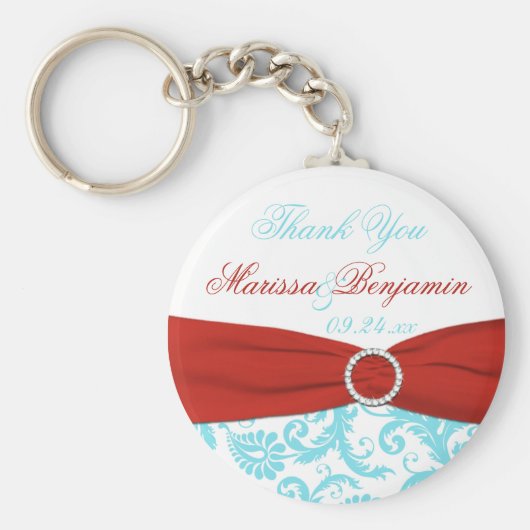 Aqua en White Damask met Red PRINTED Ribbon Sleutelhanger (Voorkant)
