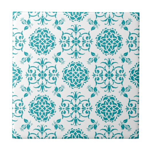 Aqua en White Floral Damask Pattern Tegeltje (Voorkant)