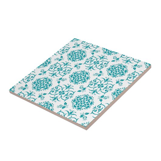 Aqua en White Floral Damask Pattern Tegeltje (Zijkant)