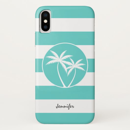 Aqua en White Palm Logo Stripes met naam Case-Mate iPhone Case (Achterkant)