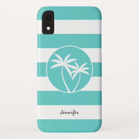 Aqua en White Sripes Palms Logo and Name Case-Mate iPhone Case (Achterkant)