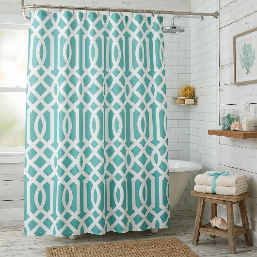 Aqua en White Trellis | bewerkbare kleuren Douchegordijn