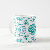 Aqua en wit bloemmotief damastpatroon koffiemok (Voorkant links)