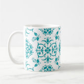 Aqua en wit bloemmotief damastpatroon koffiemok (Links)