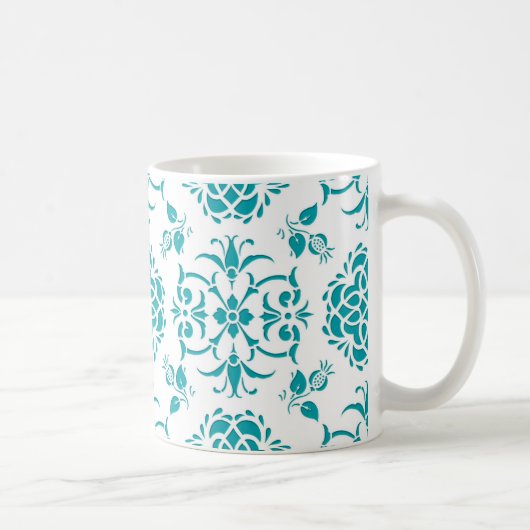 Aqua en wit bloemmotief damastpatroon koffiemok (Rechts)