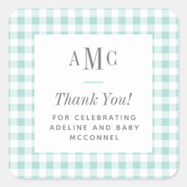 Aqua en wit geruit bedankje met monogram vierkante sticker