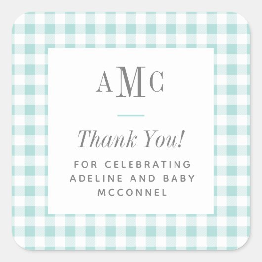 Aqua en wit geruit bedankje met monogram vierkante sticker (Voorkant)