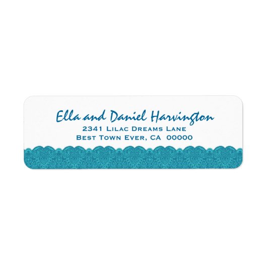 Aqua en wit geschulpte kanten damast ontwerp F013 Etiket (Voorkant)