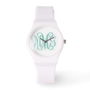 Aqua en Wit Preppy Script Monogram Horloge