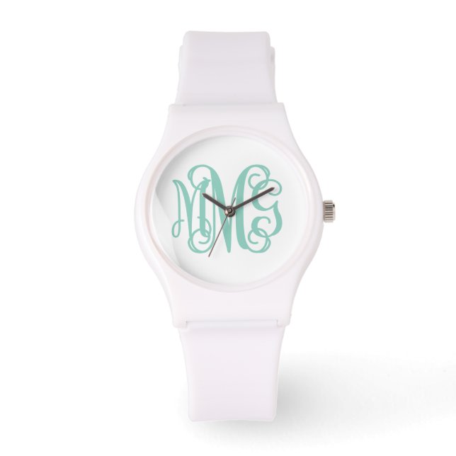 Aqua en Wit Preppy Script Monogram Horloge (Voorkant)
