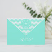 Aqua en witte Chevron RSVP Kaartje (Staand voorkant)