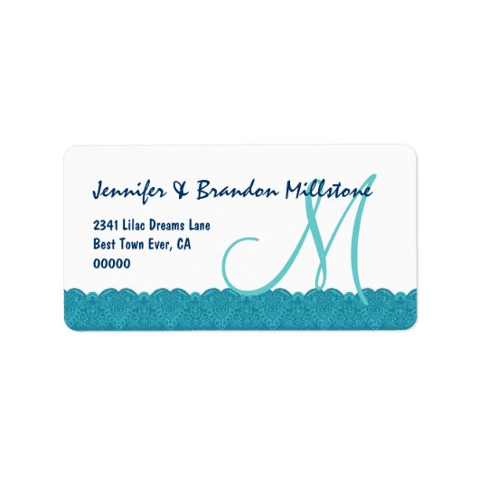Aqua en Witte Damast Monogram Kant Rand Bruiloft Etiket (Voorkant)