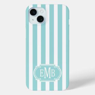 Aqua en witte gemerkte strepen iPhone 15 mini hoesje
