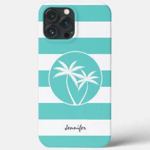 Aqua- en witte strepen en palmbomen met naam Case-Mate iPhone case