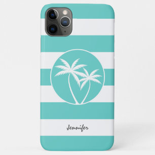 Aqua- en witte strepen en palmbomen met naam Case-Mate iPhone case