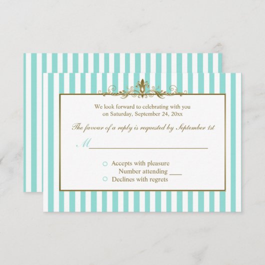 Aqua en witte strepen met gouden rollen RSVP-kaart RSVP Kaartje (Voorkant / Achterkant)