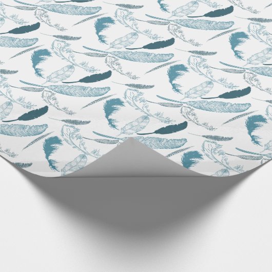 Aqua en Witte Veren Cadeaupapier (Hoek)