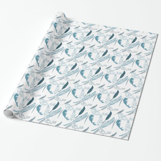 Aqua en Witte Veren Cadeaupapier (Uitgerold)