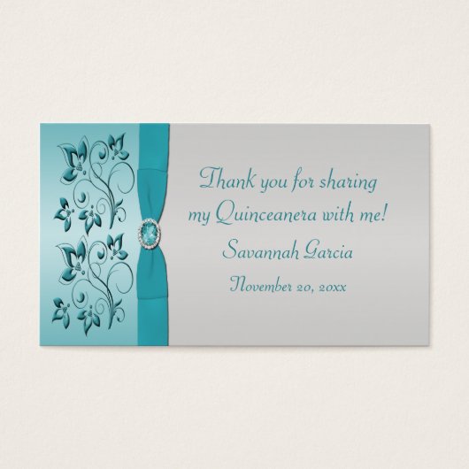 Aqua en Zilver Quinceanera/Sweet 16 Favor Tag Visitekaartjes (Voorkant)