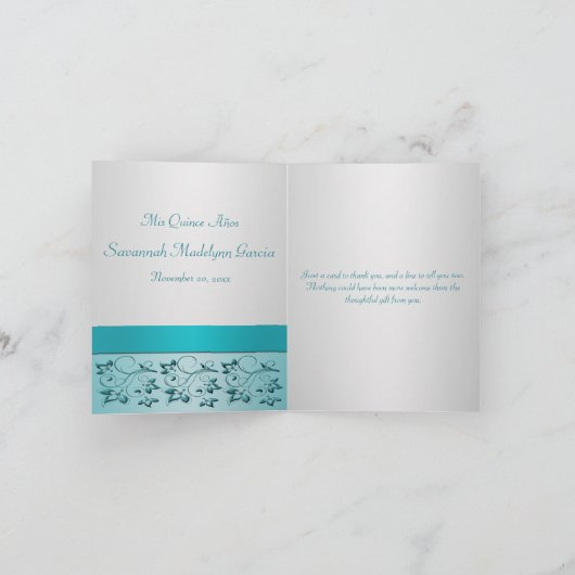 Aqua en Zilveren Bloemen danken u kaarden met Foto Bedankkaart (Binnen)