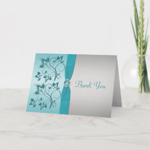 Aqua en Zilveren Bloemen Dankjewel Kaart